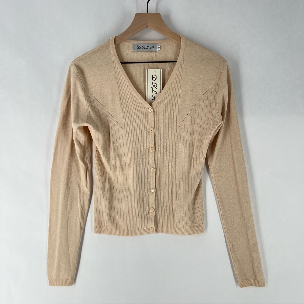 DKLA Beige Stretch Knit Ribbed Long Sleeve V-Neck‎ Button Front Cardigan Size M